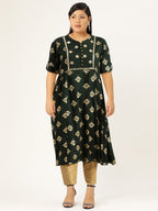 All About You Women Teal Green & Gold-Toned Ethnic Motifs Printed Mirror Work Kurta | Grocsy