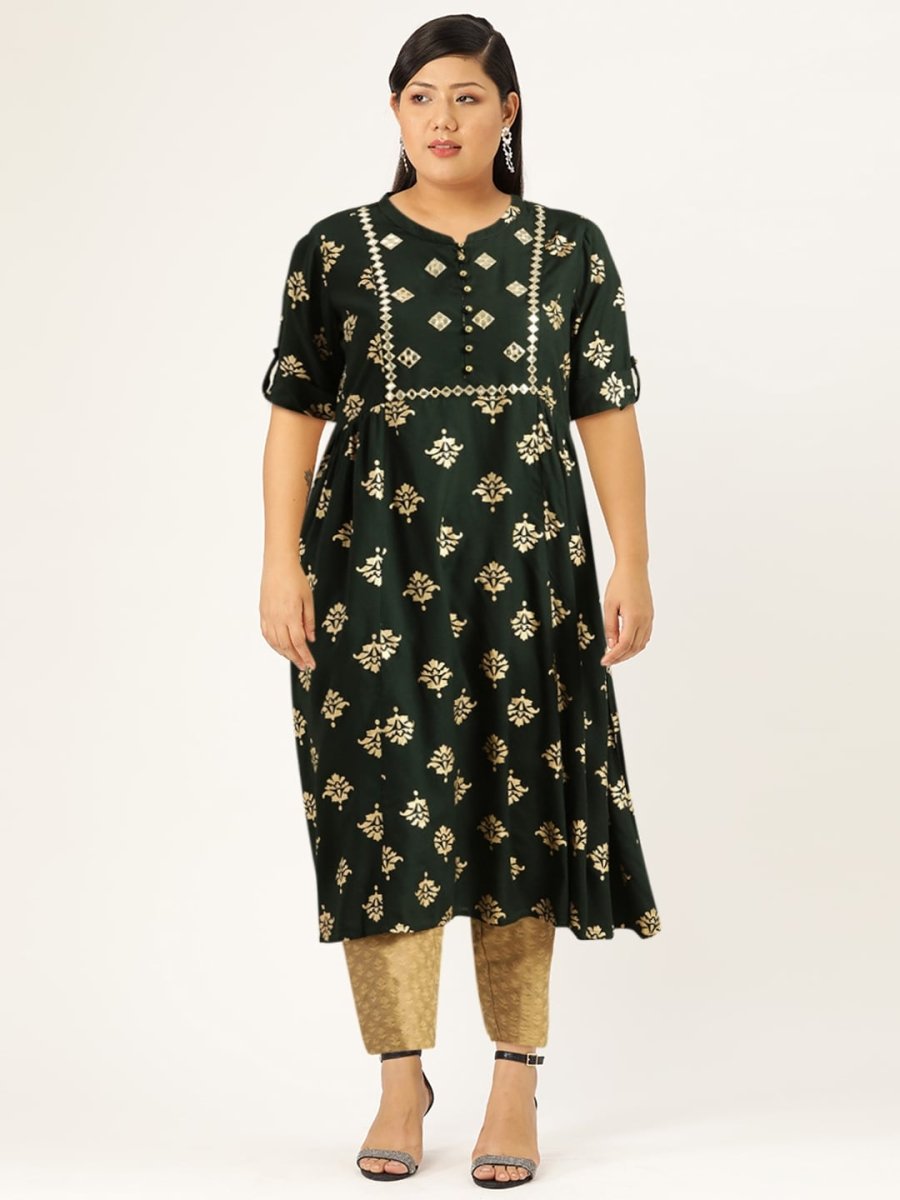 All About You Women Teal Green & Gold-Toned Ethnic Motifs Printed Mirror Work Kurta | Grocsy