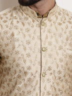 Sojanya Woven Design Mandarin Collar Kurta with Churidar & Nehru Jacket | Grocsy