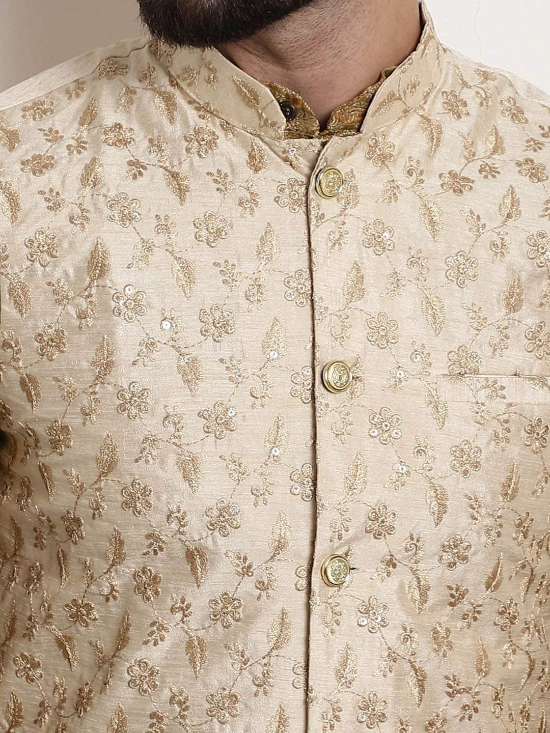 Sojanya Woven Design Mandarin Collar Kurta with Churidar & Nehru Jacket | Grocsy