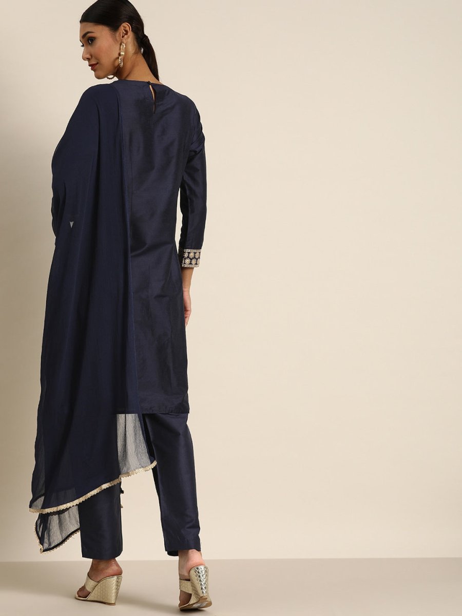 All About You Women Navy Blue & Golden Satin Finish Kurta with Trousers & With Dupatta | Grocsy