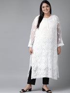 ADA Women Plus Size White Chikankari Embroidered Handloom Kurta with Inner | Grocsy