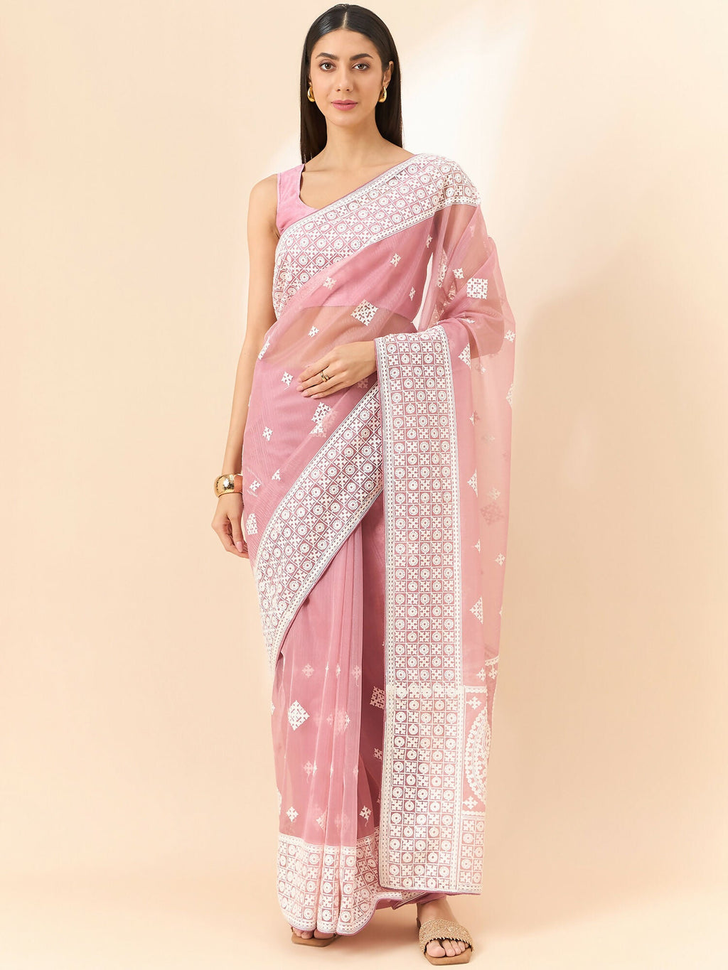 Pink Organza Geometric Embroidered Saree with Unstitched Blouse Piece - Roozal | Grocsy