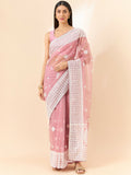 Pink Organza Geometric Embroidered Saree with Unstitched Blouse Piece - Roozal | Grocsy