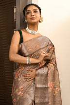Joban Fashion Cofee Brown Saree Tissue Digital With Embroidery | Grocsy