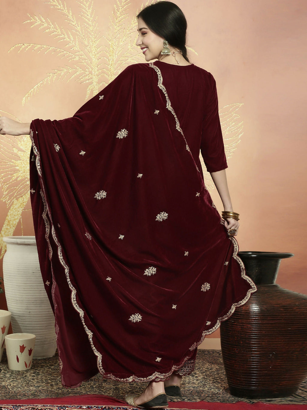 Jyoti Fashion Women's Maroon Velvet Cording with Resham Thread & Sequin Kurta with Trouser & Dupatta | Grocsy