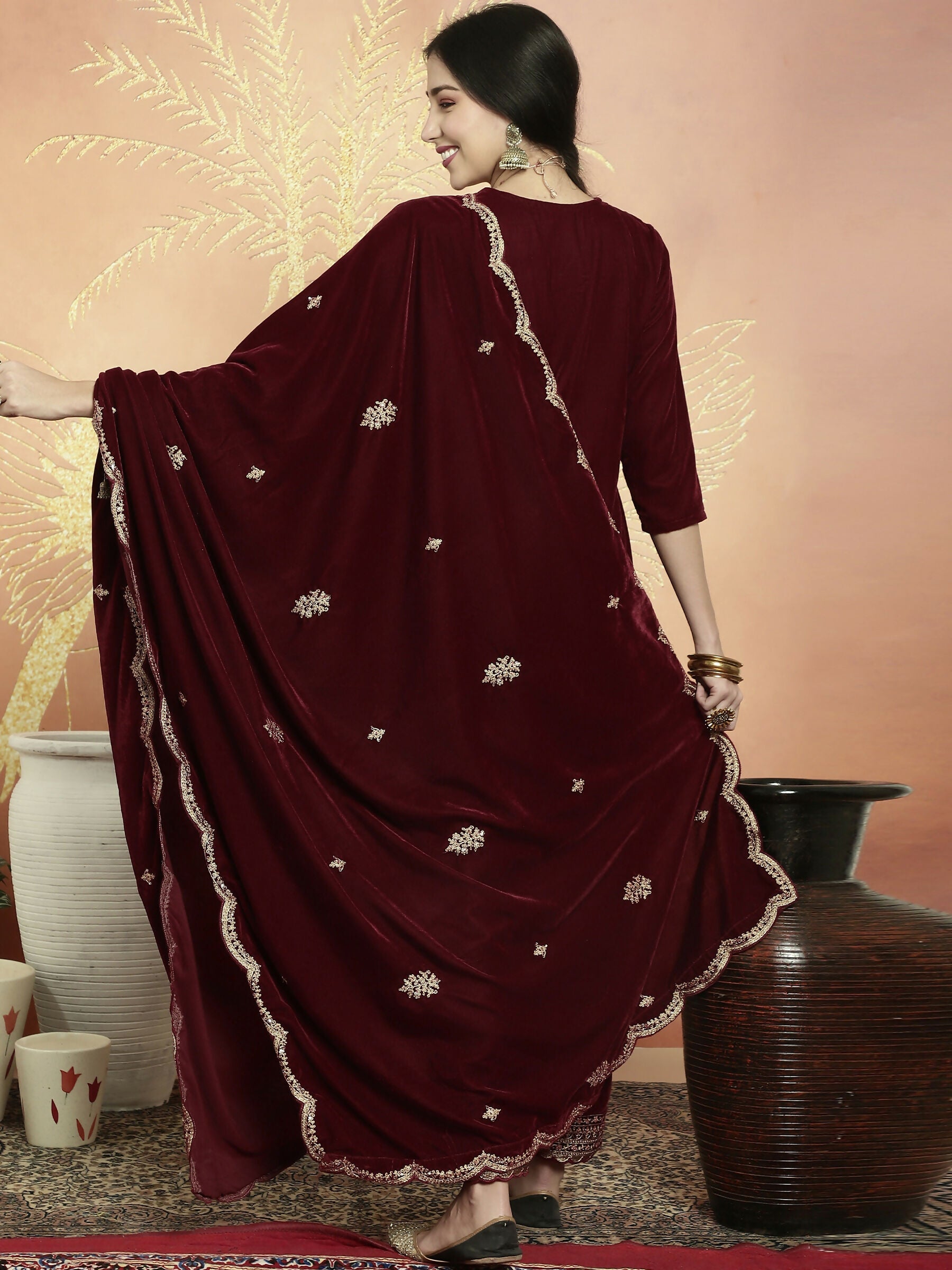 Jyoti Fashion Women's Maroon Velvet Cording with Resham Thread & Sequin Kurta with Trouser & Dupatta | Grocsy