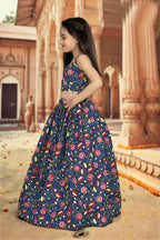 Aayaa Designer Printed Silk Blue Kids Lehenga Choli - Blue | Grocsy