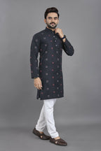 Anaita Navy Blue Weaving Linen Cotton Straight Kurta | Grocsy