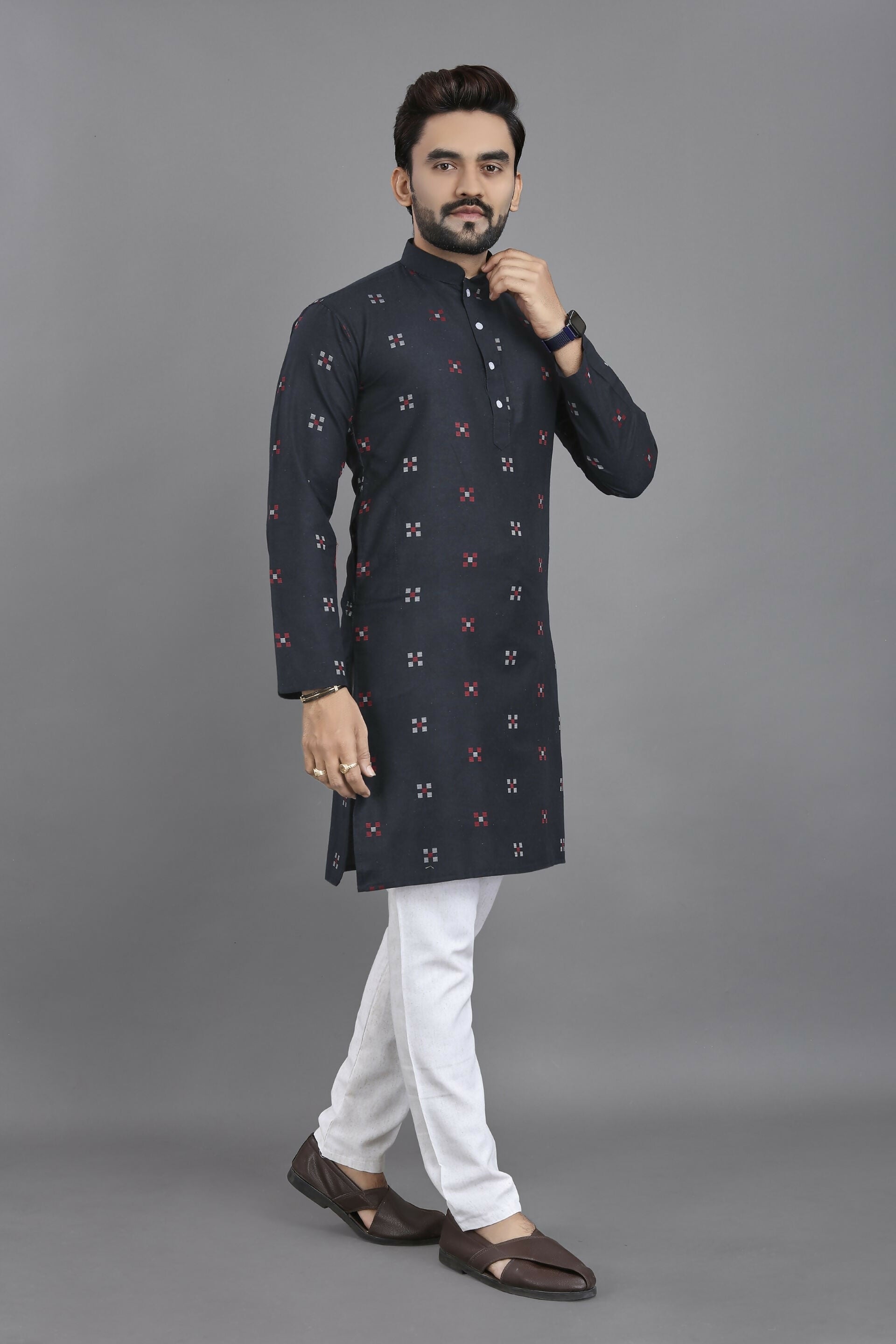 Anaita Navy Blue Weaving Linen Cotton Straight Kurta | Grocsy
