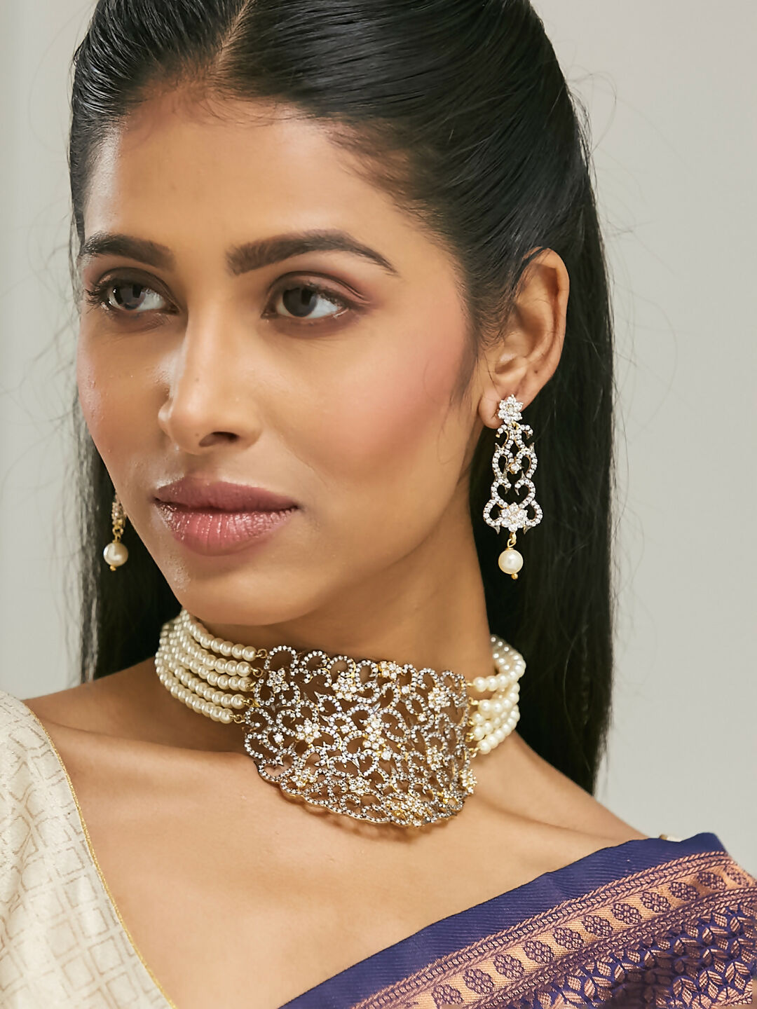 Nuyug 22K Gold-Plated Cubic Zirconia Studded & Pearl Beaded Necklace Set | Grocsy