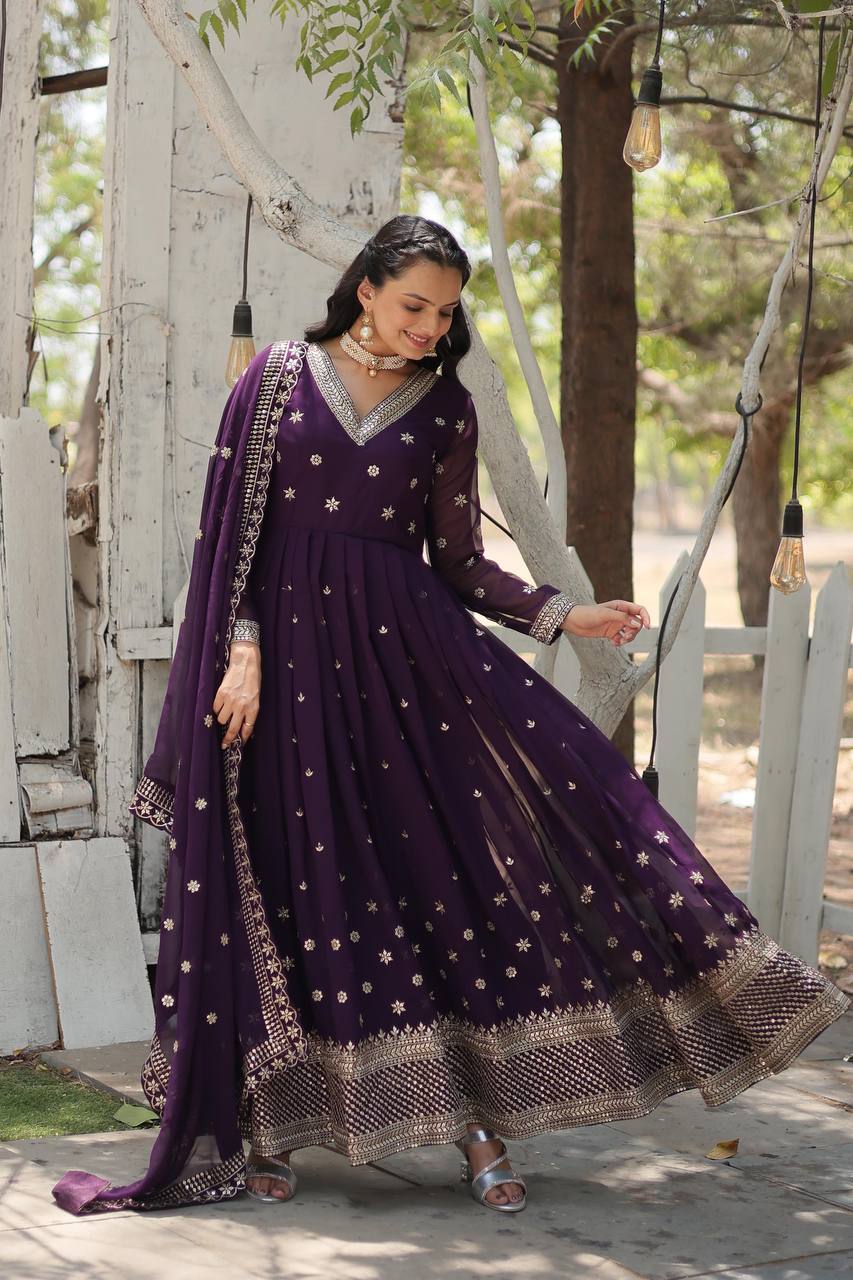 Yash Enterprise Purple Heavy Fux Blooming Embroidery Party Wear Suit | Grocsy