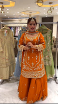 Yash Enterprise Orange Natural Crep Embroidery Party Wear Suit Set | Grocsy
