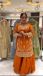 Yash Enterprise Orange Natural Crep Embroidery Party Wear Suit Set | Grocsy