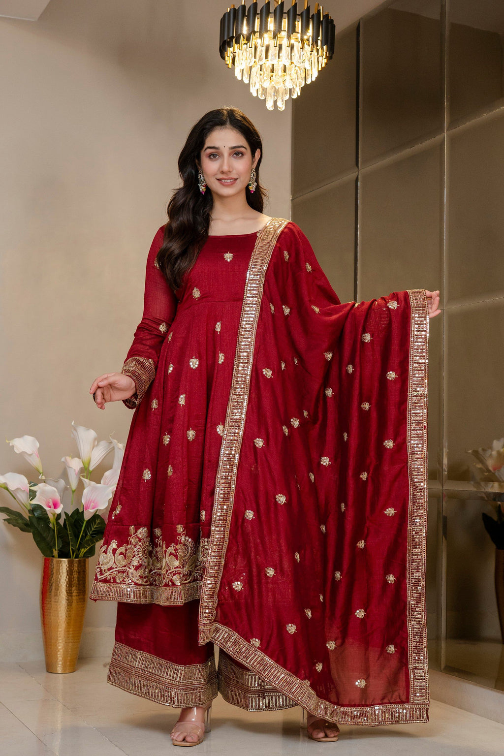 Yash Enterprise Maroon Simmar Silk Party Wear Embroidery Suit Set | Grocsy