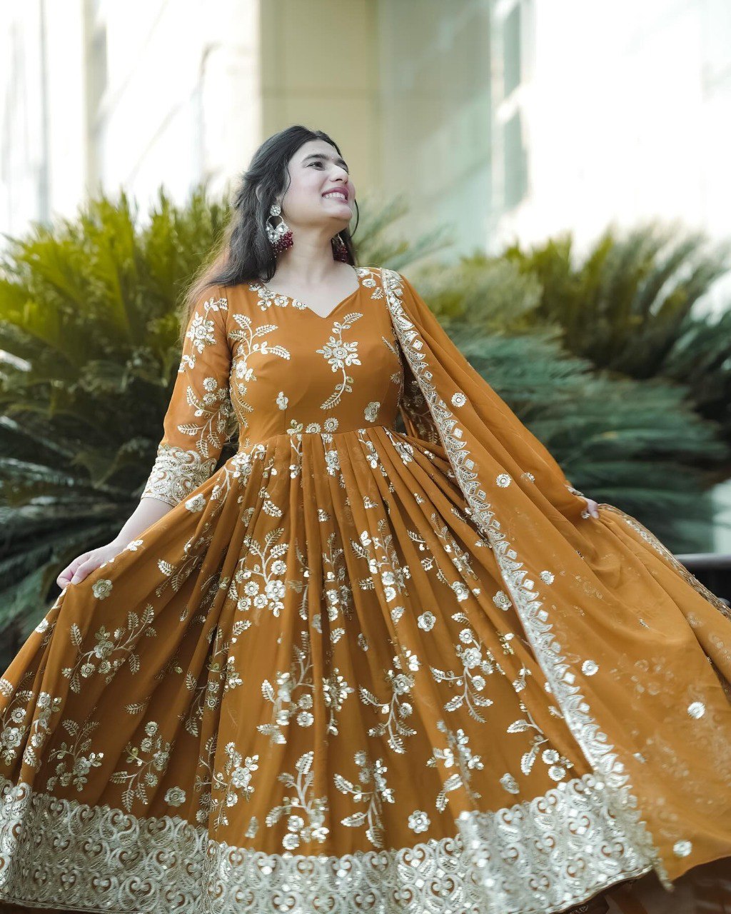 Yash Enterprise Mustard Georgette And Silk Embroidered Anarkali Salwar Suit | Grocsy