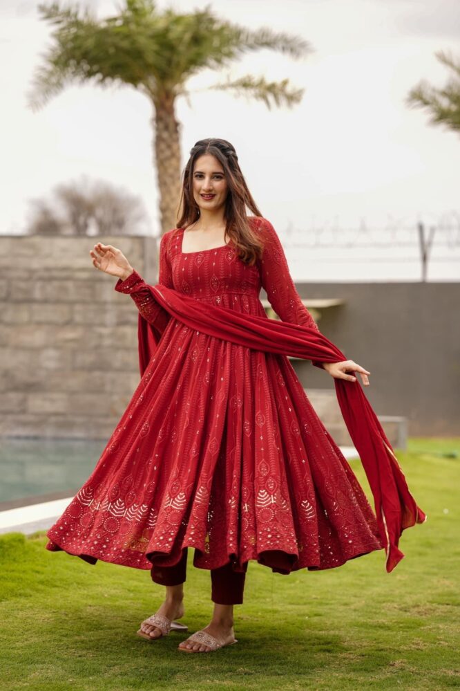 Yash Enterprise Marron Embroidered Georgette Suit Set | Grocsy