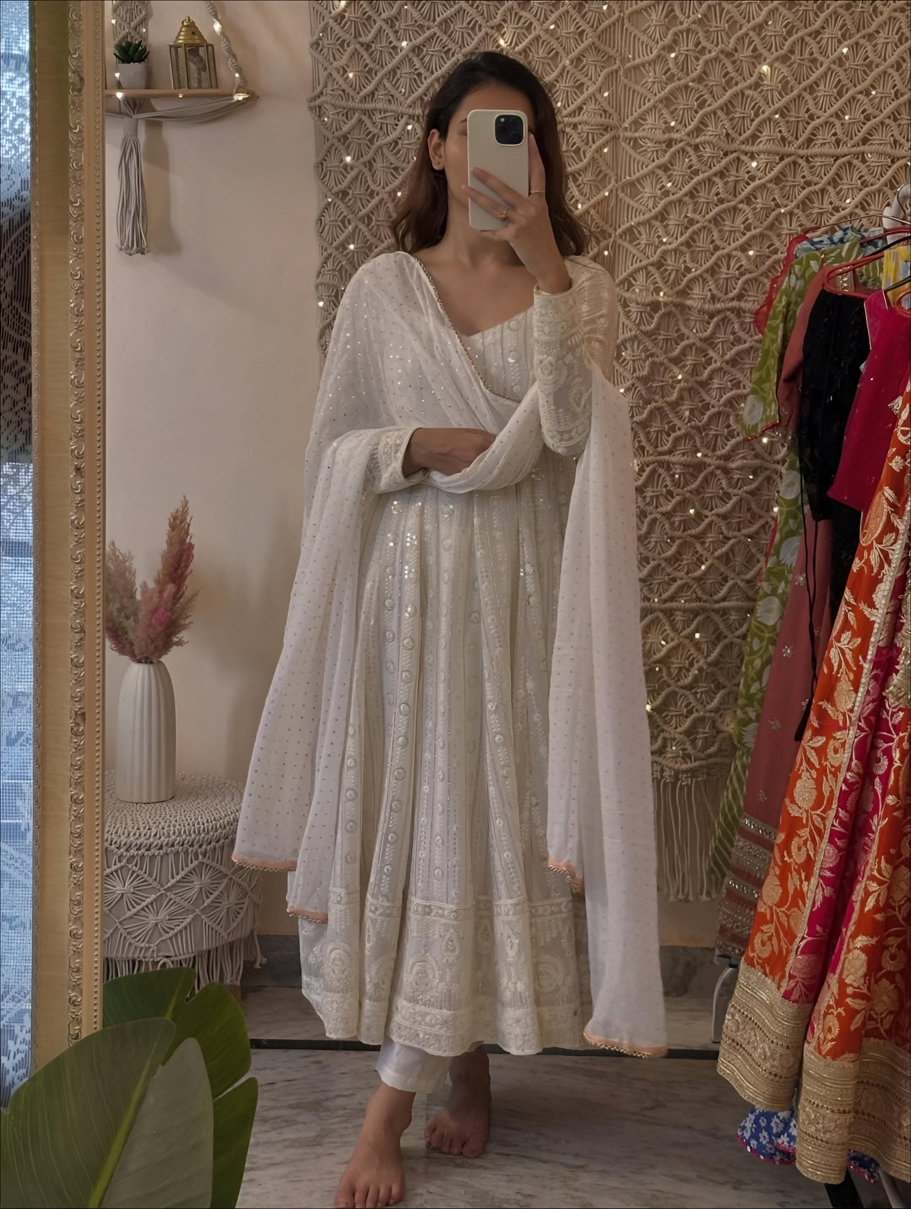 Yash Enterprise Off White Faux Blooming Party Wear Embroidery Suit Set | Grocsy