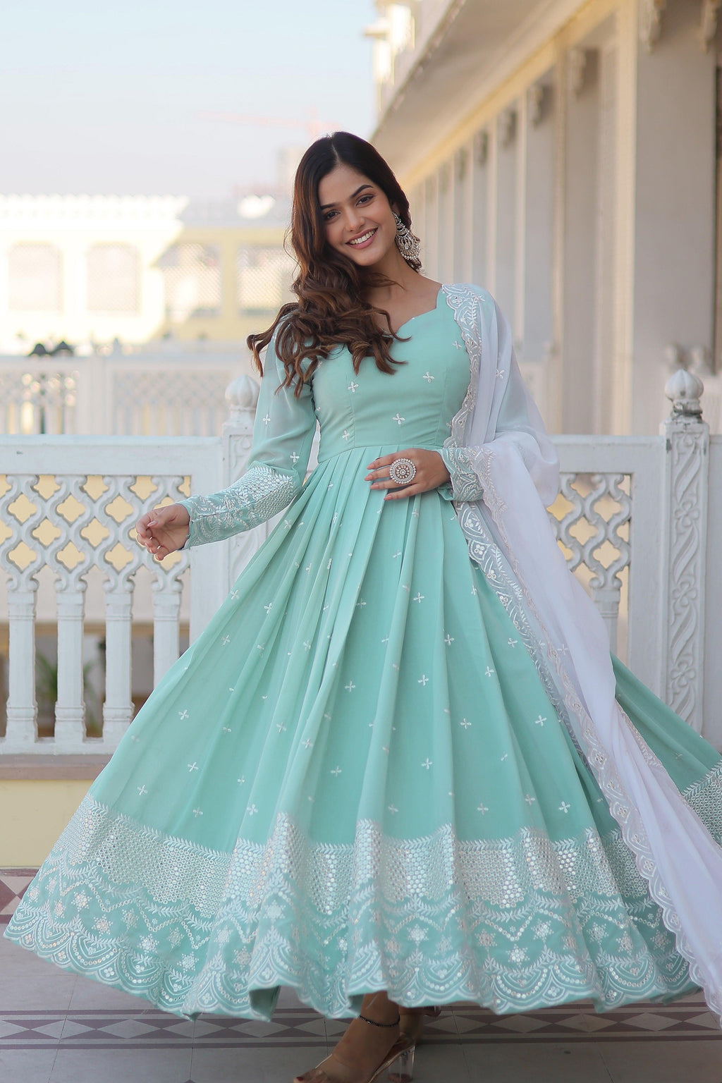 Yash Enterprise Green Pista Faux Georgette Party Wear Embroidery Suit Set | Grocsy