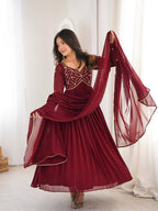 Yash Enterprise Maroon Faux Georgette Party Wear Embroidery Suit Set | Grocsy