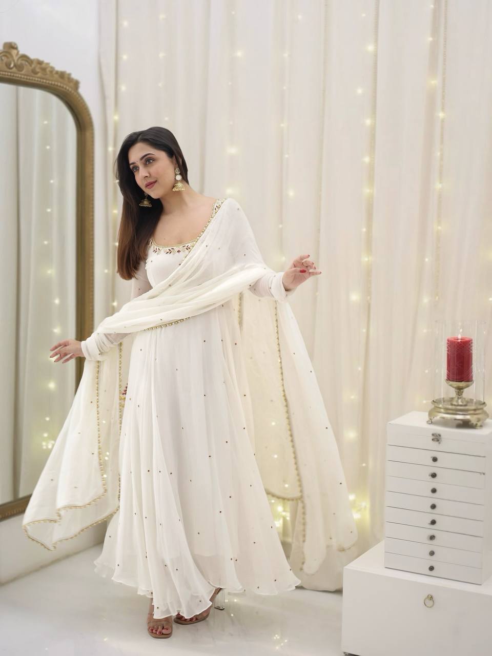 Yash Enterprise White Star Georgette Silk Embroidery Party Wear Uit Set | Grocsy