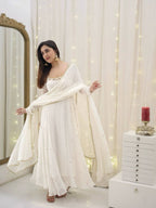 Yash Enterprise White Star Georgette Silk Embroidery Party Wear Uit Set | Grocsy