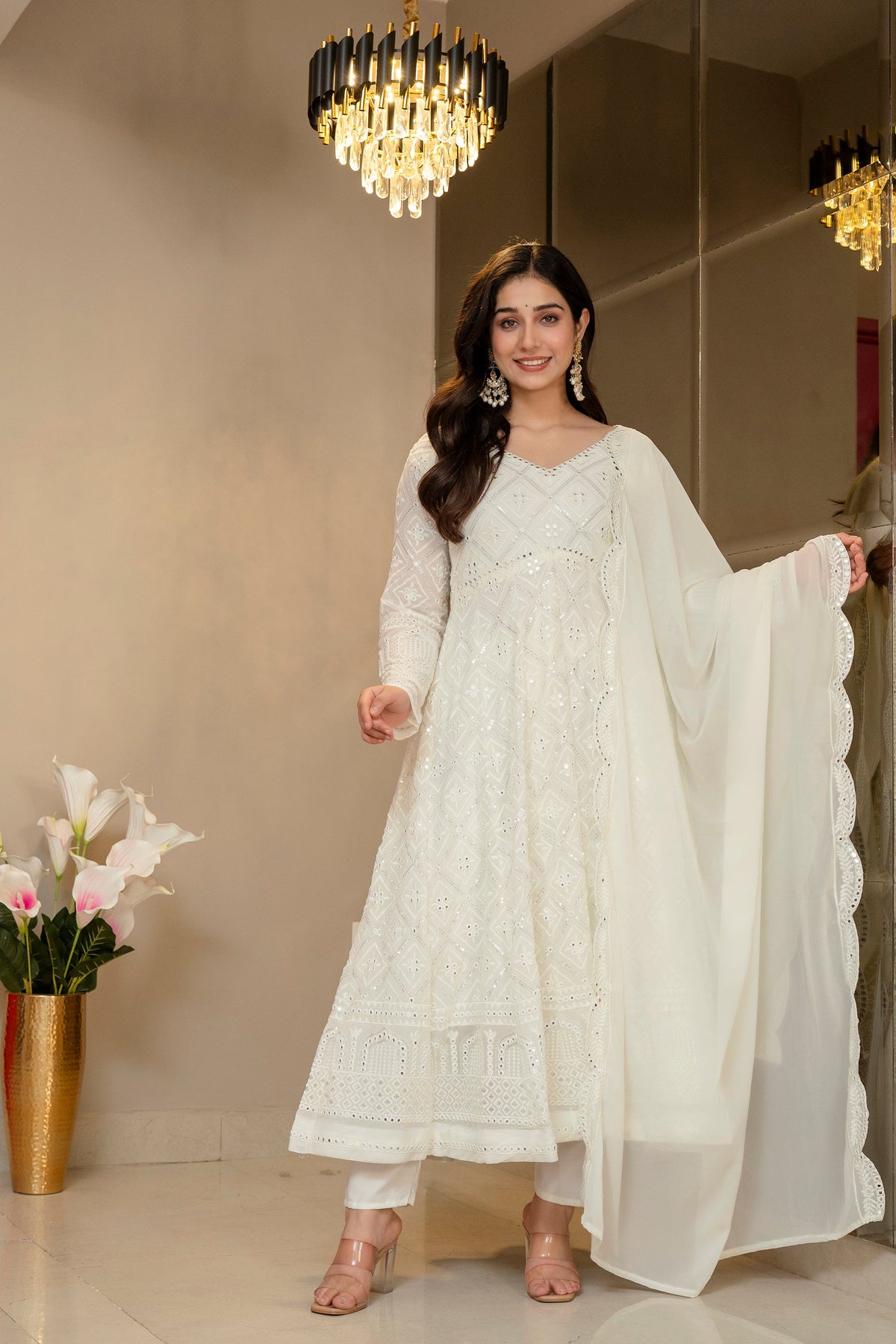 Yash Enterprise Off White Georgette Party Wear Embroidery Suit Set | Grocsy