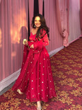 Yash Enterprise Red Fendy Silk Party Wear Embroidery Suit Set | Grocsy