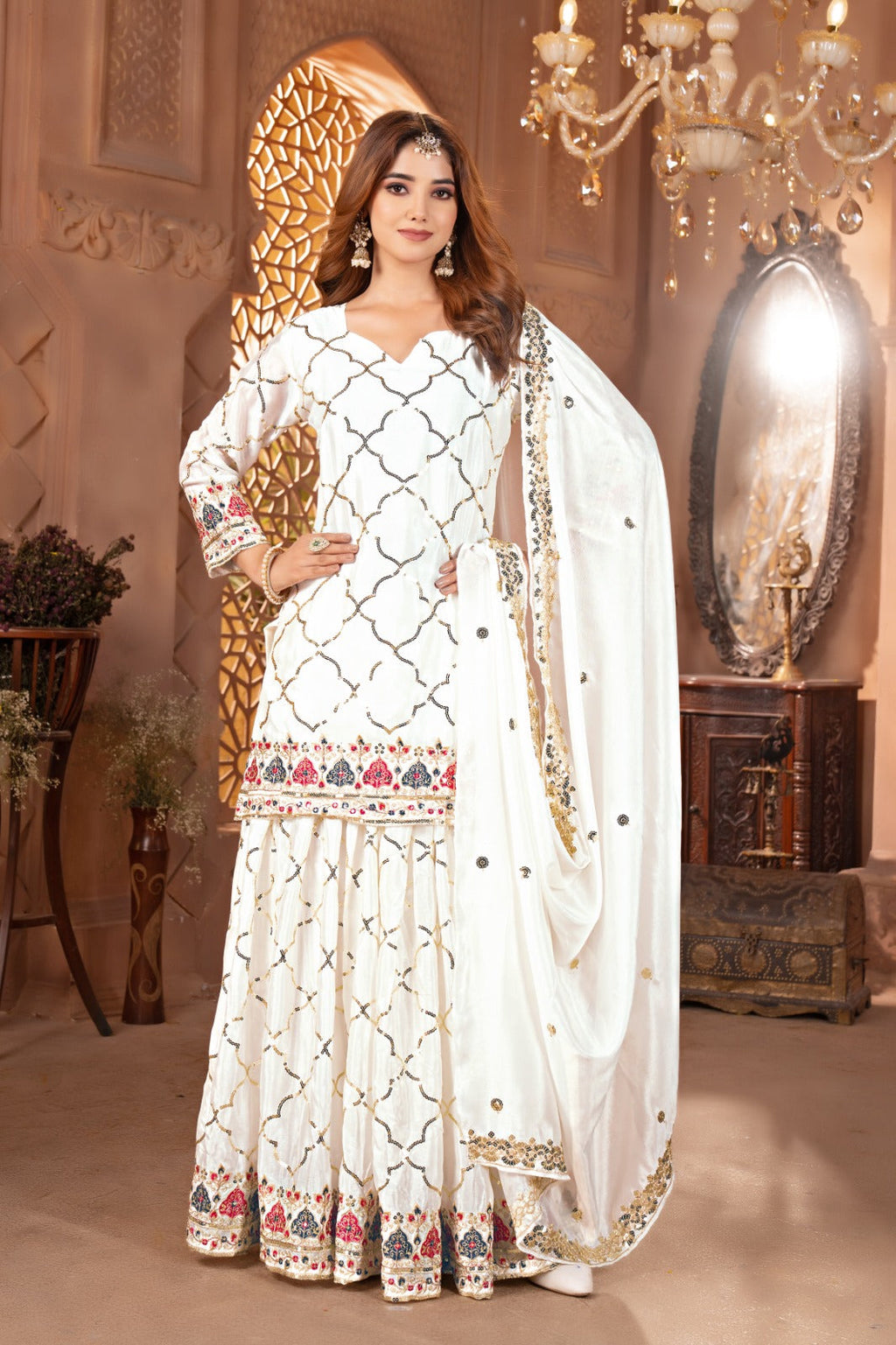 Yash Enterprise White Chinon Silk Embroidery Party Wear Suit Set | Grocsy