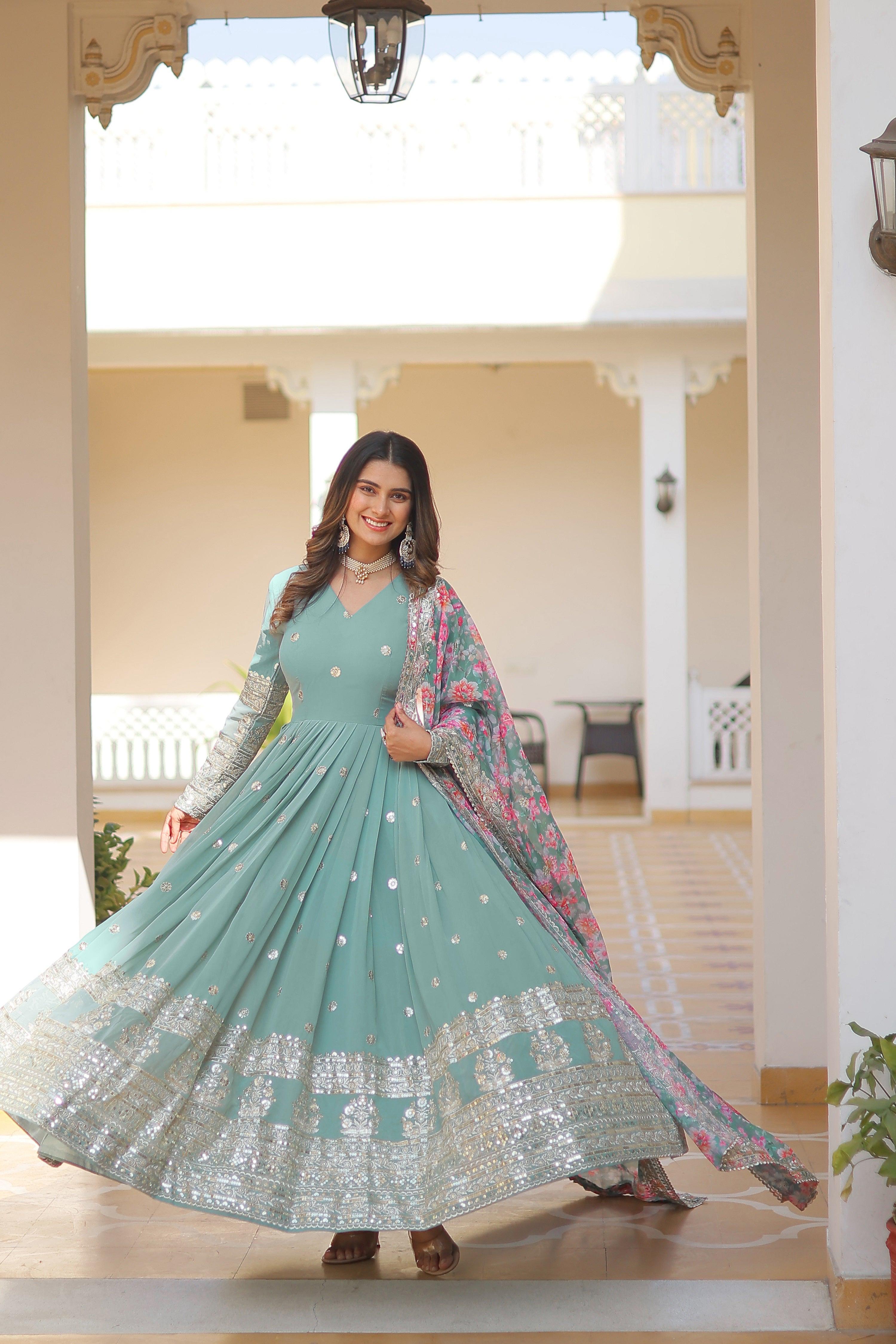 Yash Enterprise Sea Green Georgette Embroidered Long Kurti SetWith Multicolour Dupatta | Grocsy