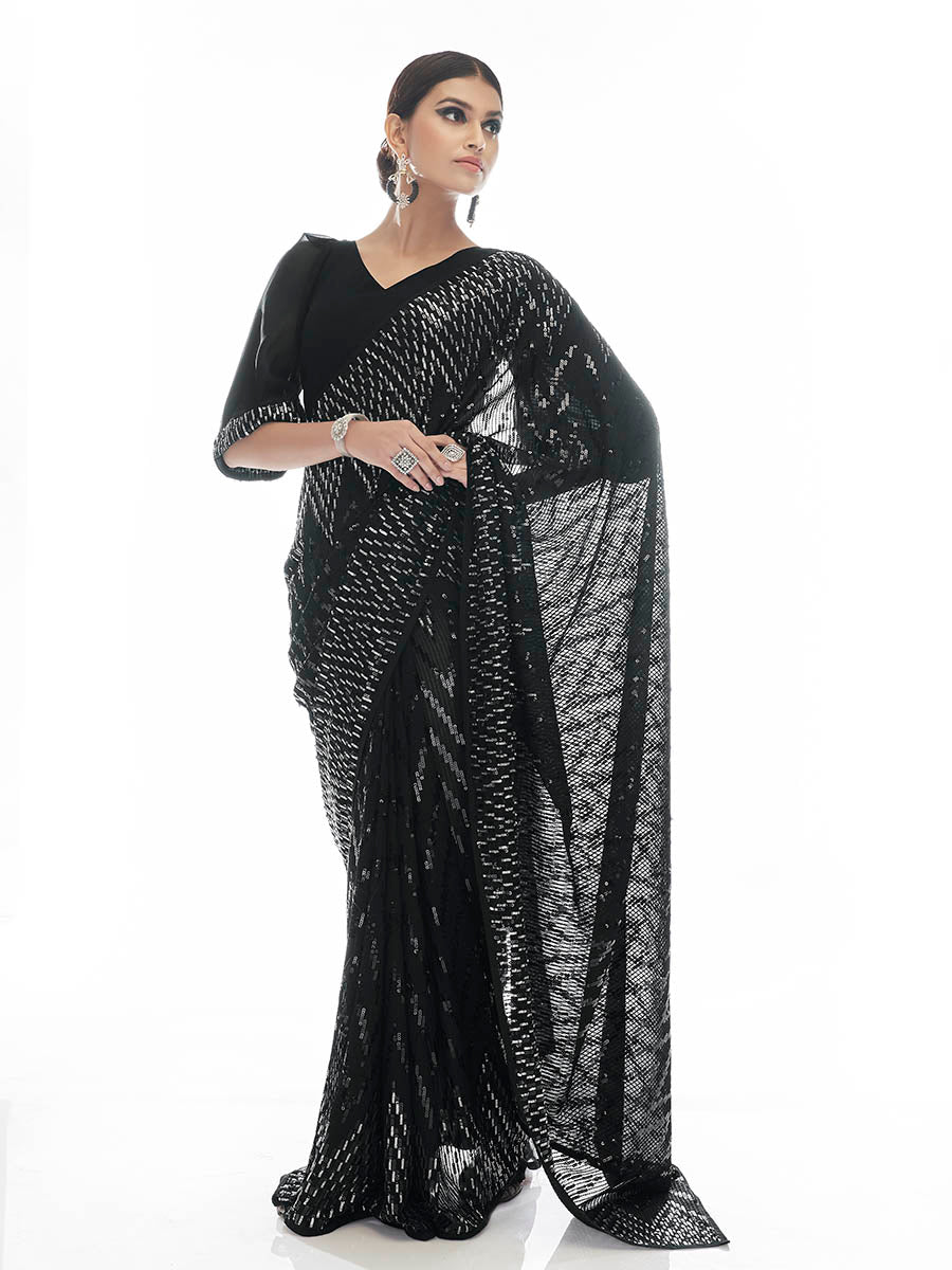 Myra Black Georgette Embroidered Designer  Saree | Grocsy