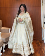 Yash Enterprise Of White Chinon Silk With Embroidery Zari Sequins-Work | Grocsy