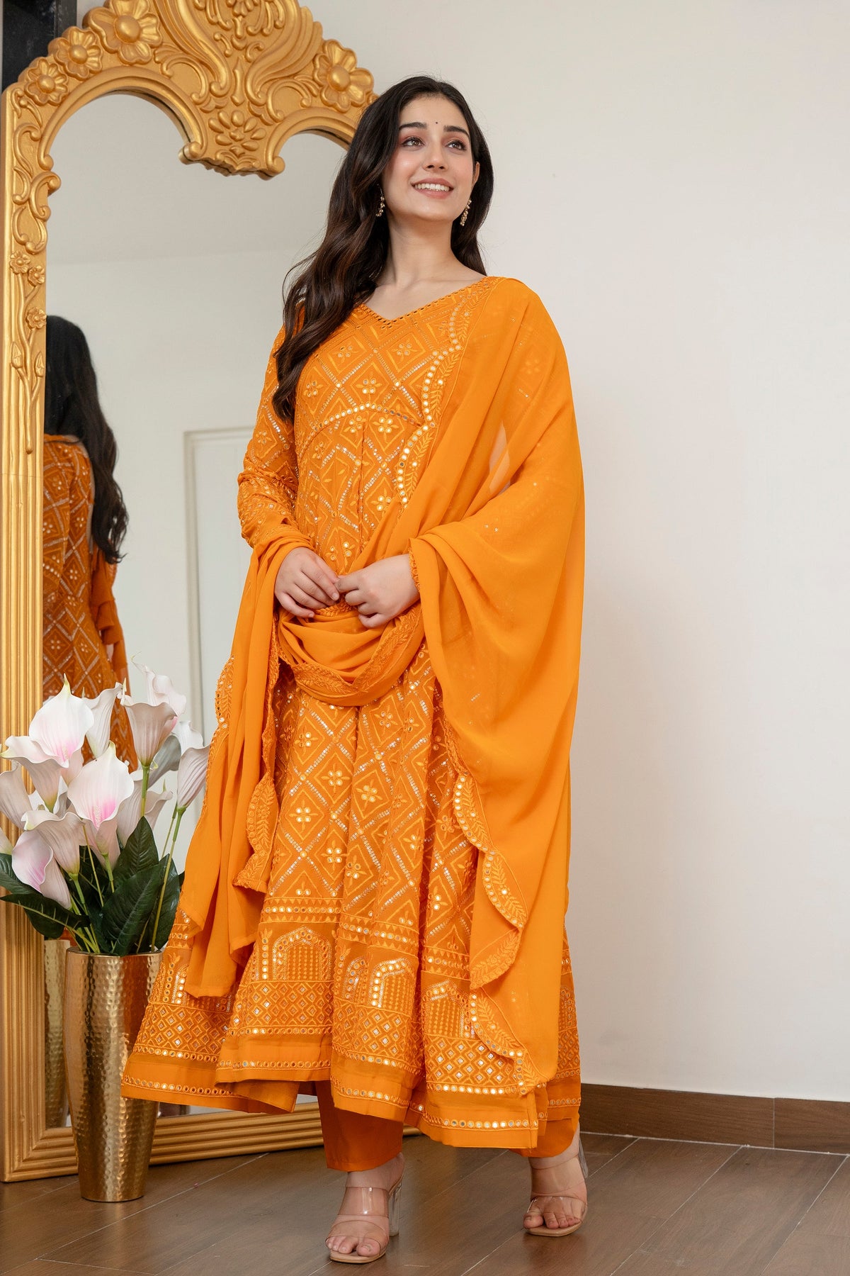 Yash Enterprise Yellow Blooming Silk Party Wear Embroidery Suit Set | Grocsy