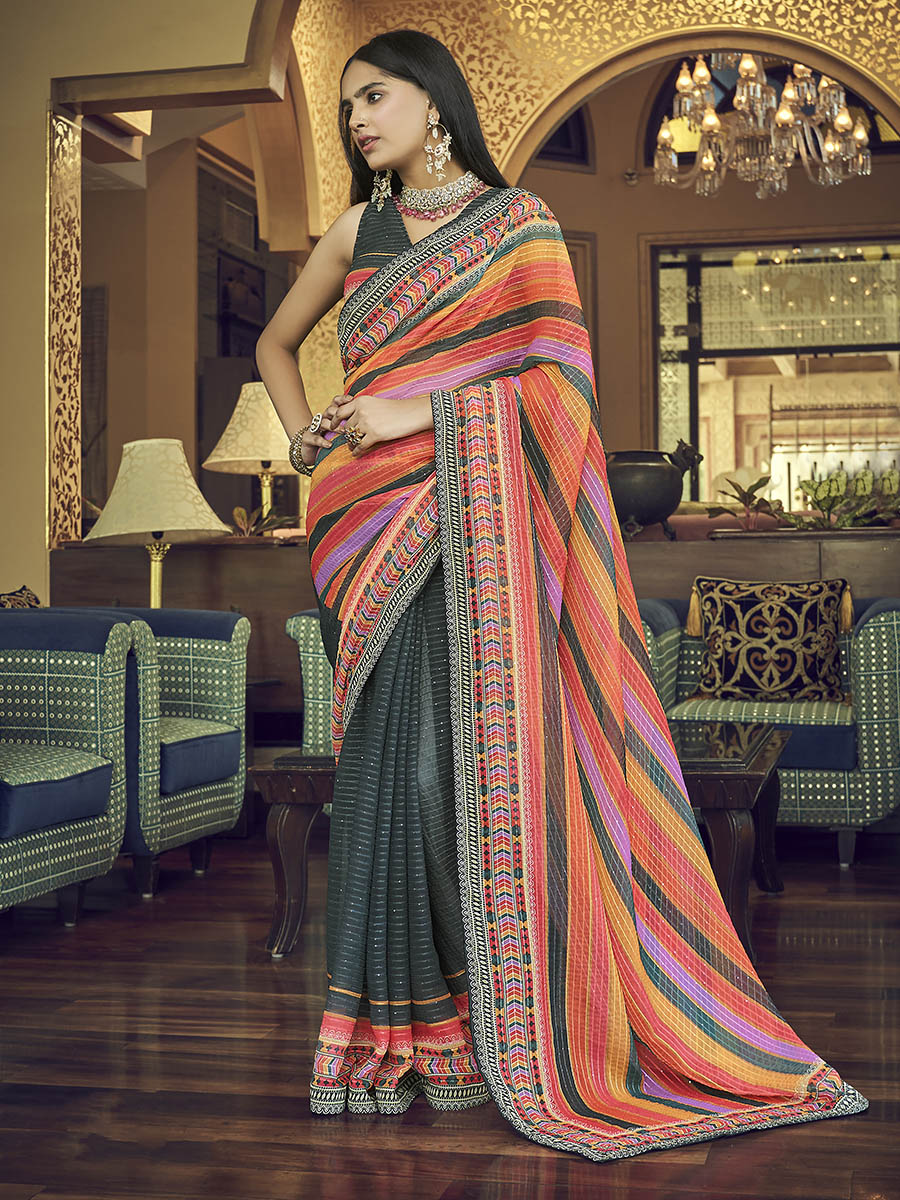 Myra Multicolour Gorgette Designer Saree | Grocsy