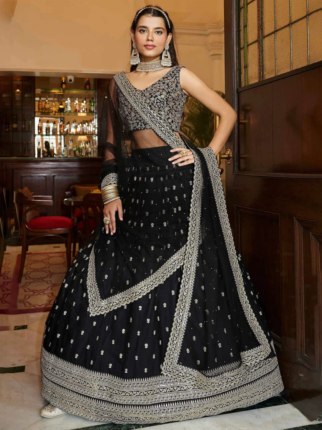 Tulsi Art Dazzling Black Sequin Embroidered Net Lehenga Choli | Grocsy