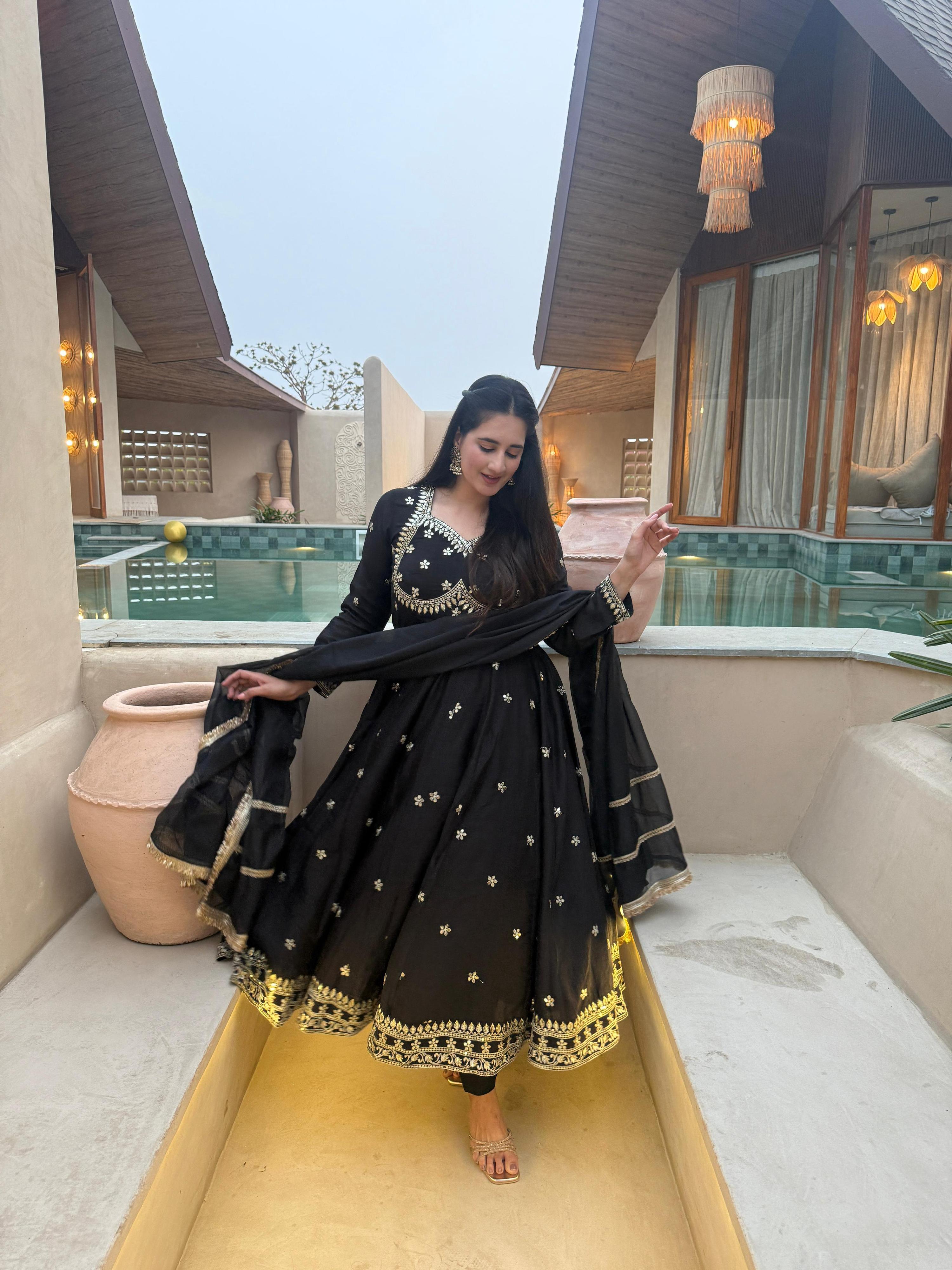 Yash Enterprise Black Vichitra Silk Party Wear Embroidery Suit Set | Grocsy