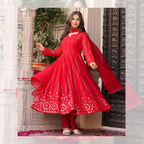 Yash Enterprise Red Faux Georgette Embroidery Work Party Wear Suit Set | Grocsy