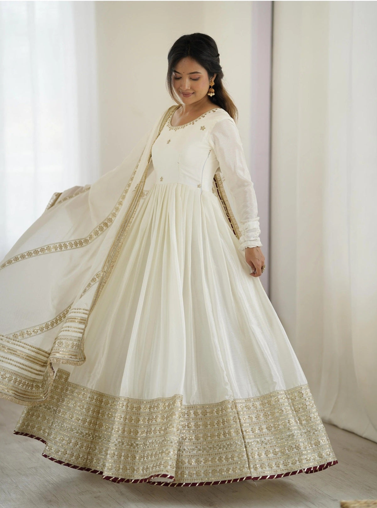 Yash Enterprise Off White Chinon Silk Party Wear Embroidery Suit Set | Grocsy