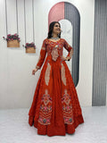 Yash Enterprise Orange Vichitra Silk Party Wear Embroidery Crop Top With Blouse Lehenga Choli | Grocsy