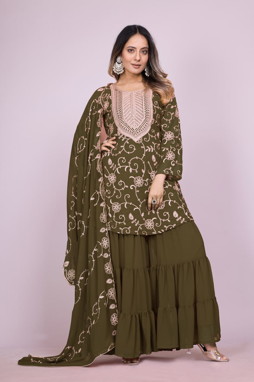 Yash Enterprise Mahendi Chinon Silk Party Wear Embroidery Suit Set | Grocsy