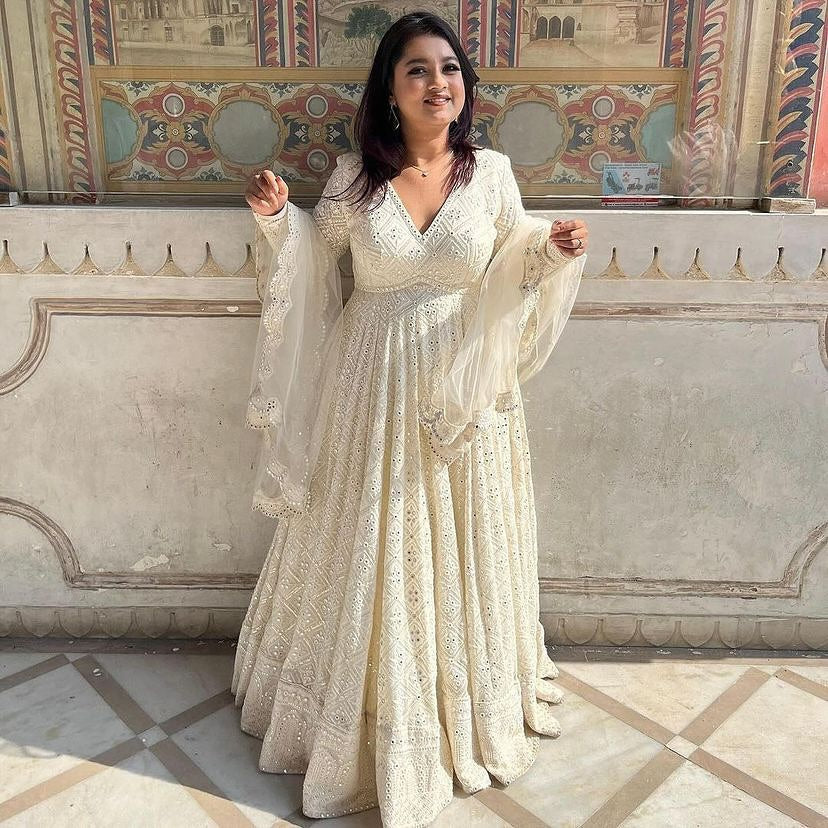Yash Enterprise Off White Luckhnowi Sequins Work Party Wear Suit Set | Grocsy