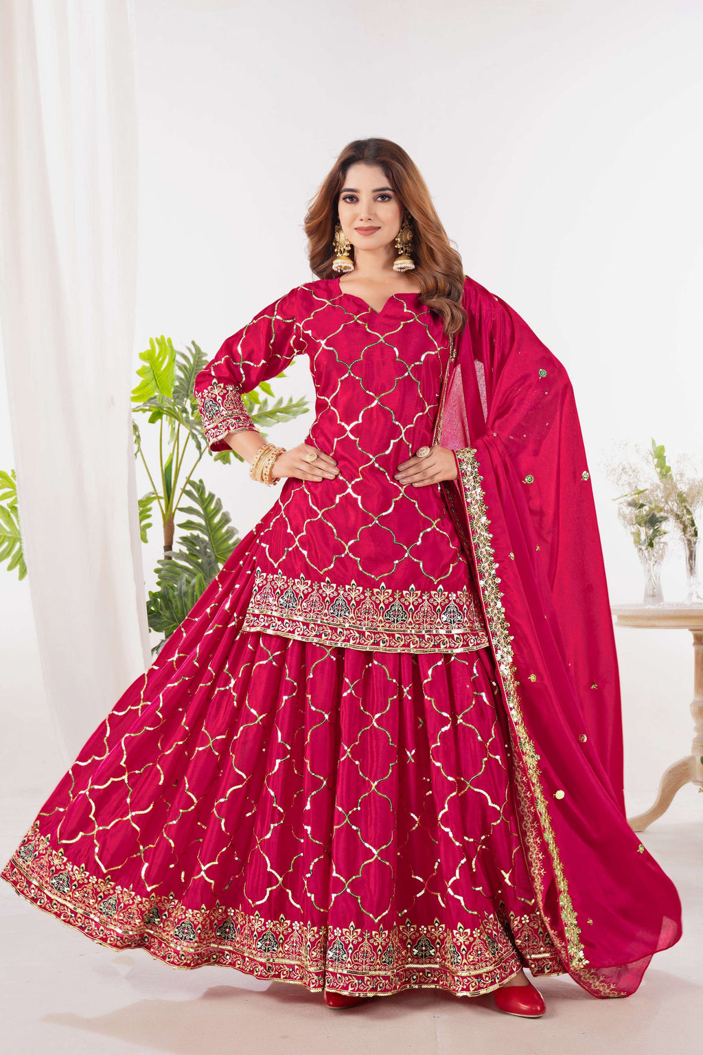 Yash Enterprise Red Chinnon Silk Embroidery Party Wear Suit Set | Grocsy