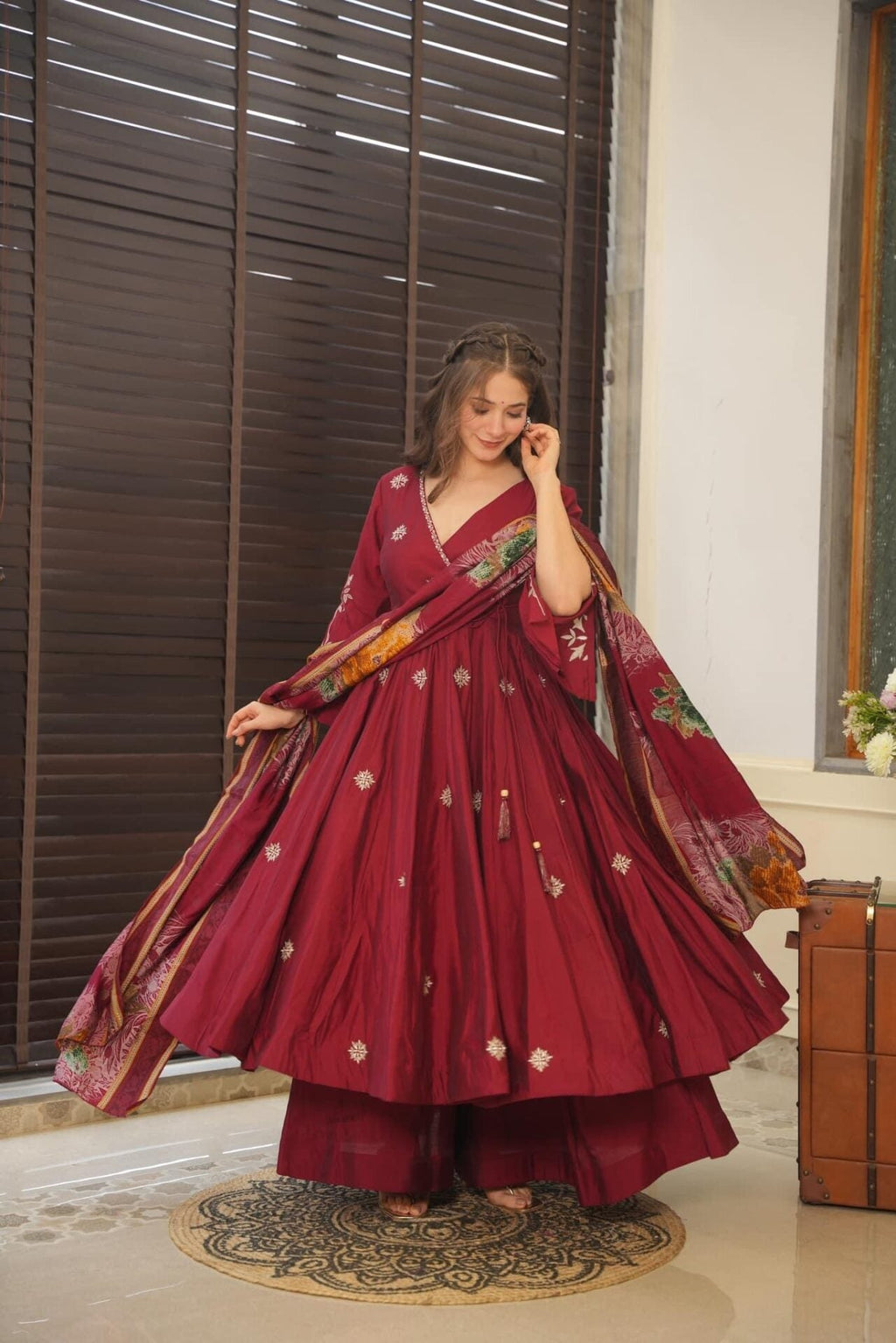 Yash Enterprise Maroon Maslin Cotton Anarkali Suit Set | Grocsy