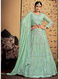 Myra Pista Georgette Heavy Embroidered Designer Lehenga | Grocsy
