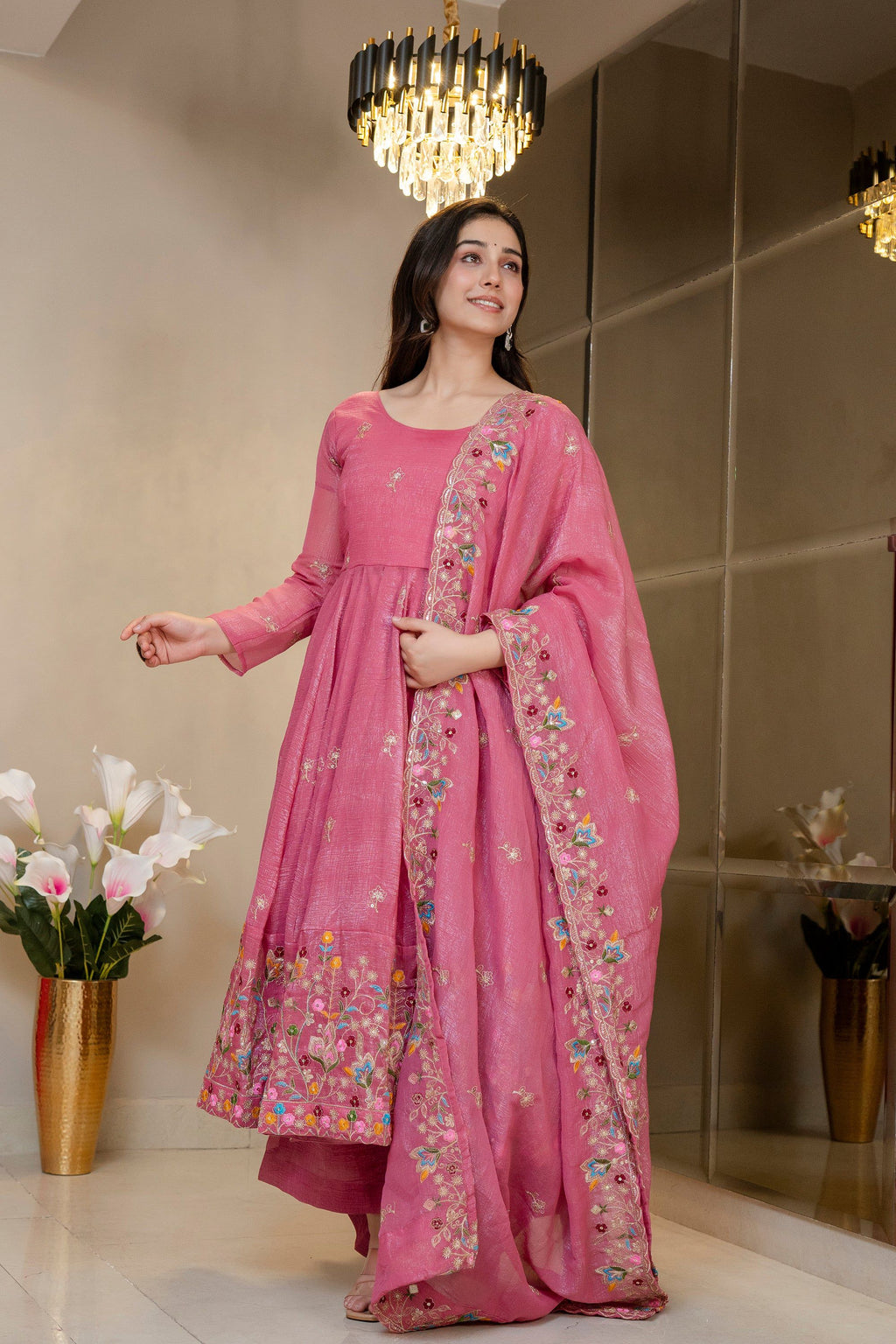Yash Enterprise Dusty Rose Crunchy Silk Party Wear Embroidery Sharara Suit Set | Grocsy