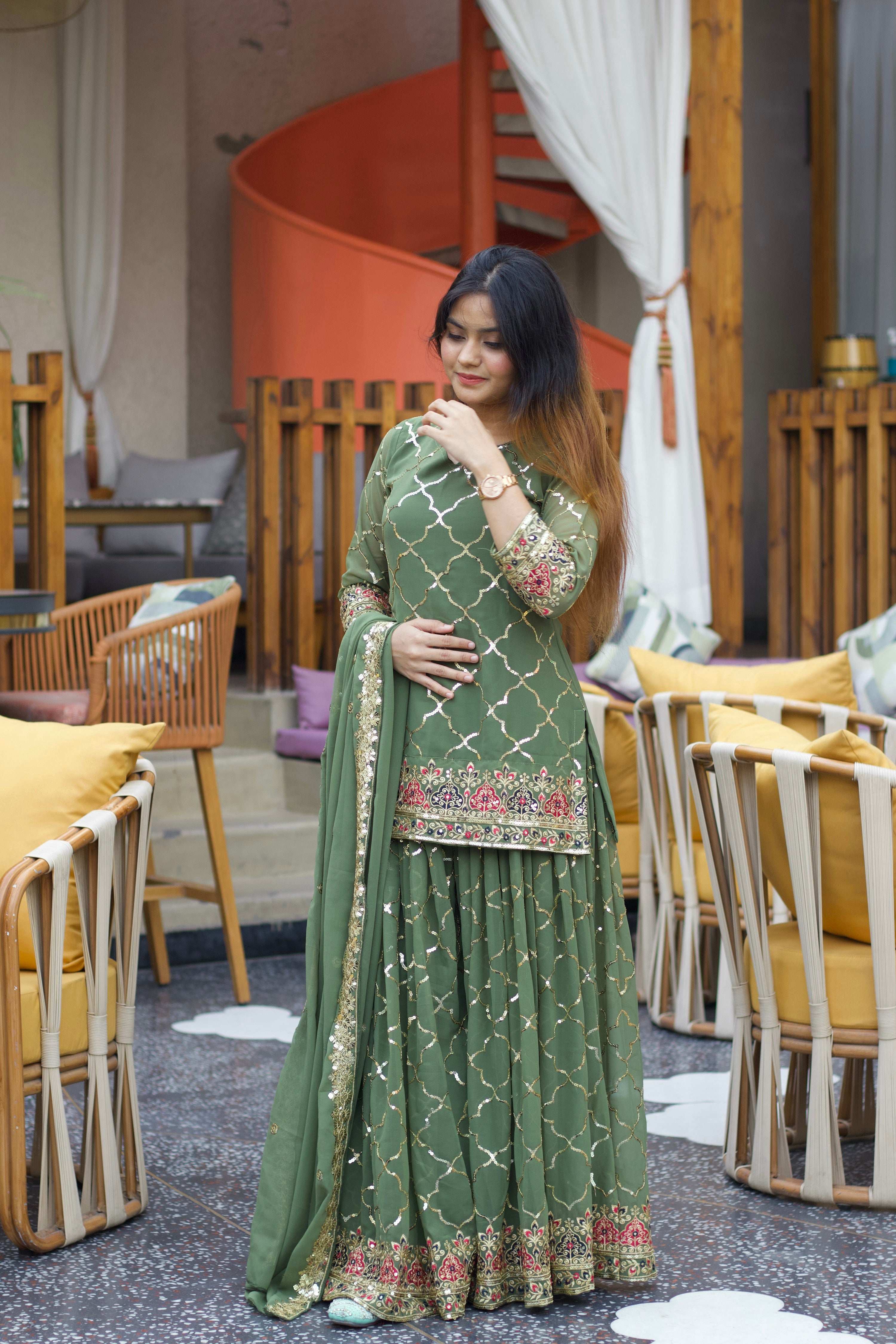 Yash Enterprise Green Georgette Embroidery Party Wear Suit Set | Grocsy