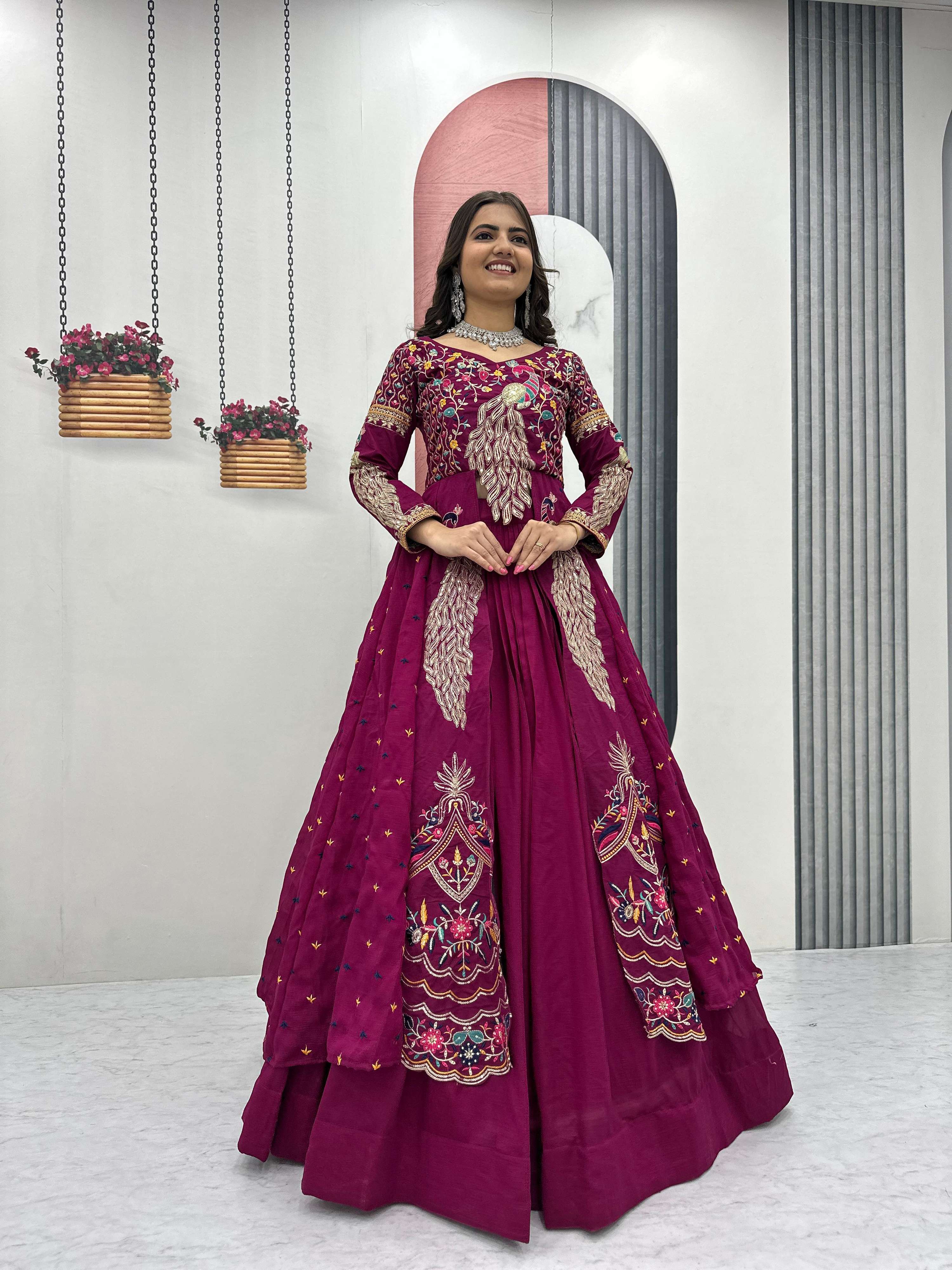 Yash Enterprise Pink Vichitra Silk Party Wear Embroidery Crop Top With Blouse Lehenga Choli | Grocsy