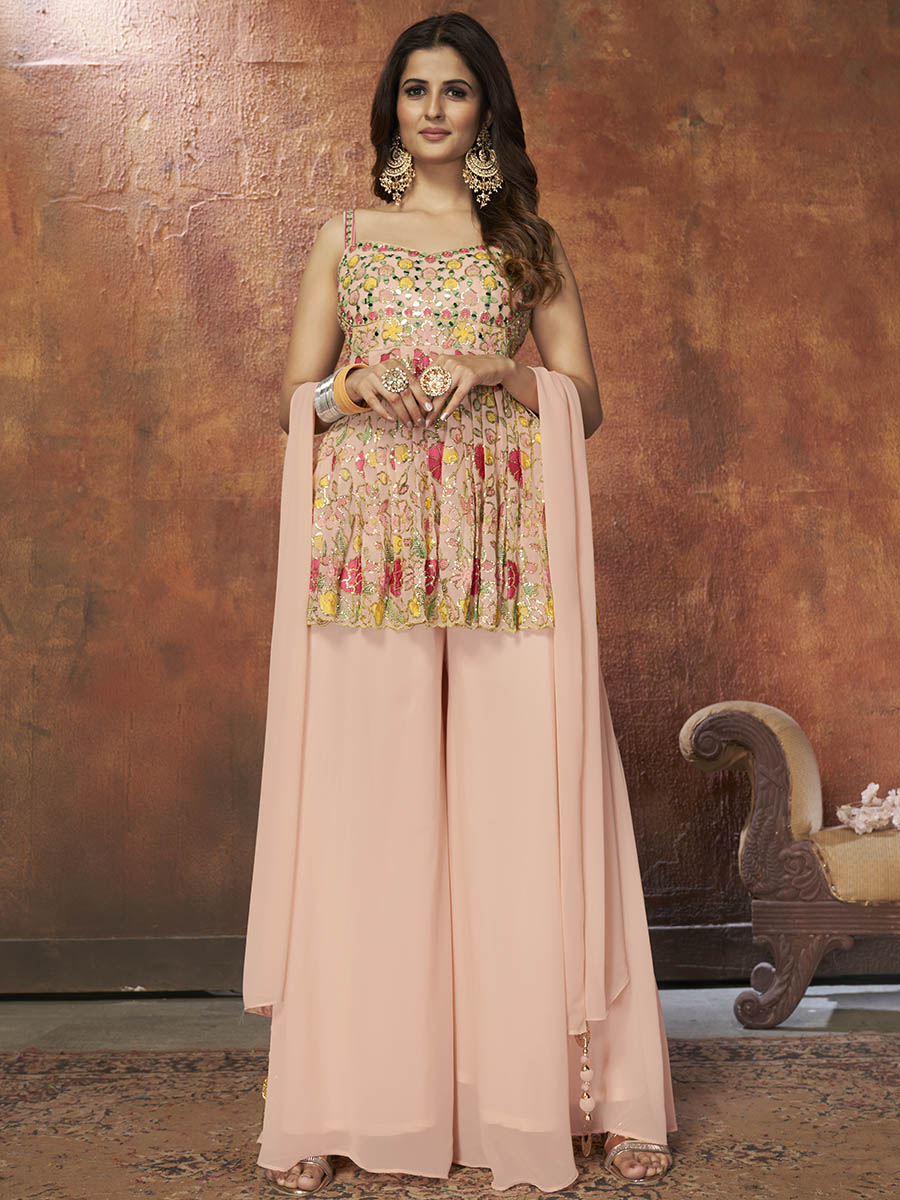 Myra Peach Georgette Embroidered Designer Suit | Grocsy