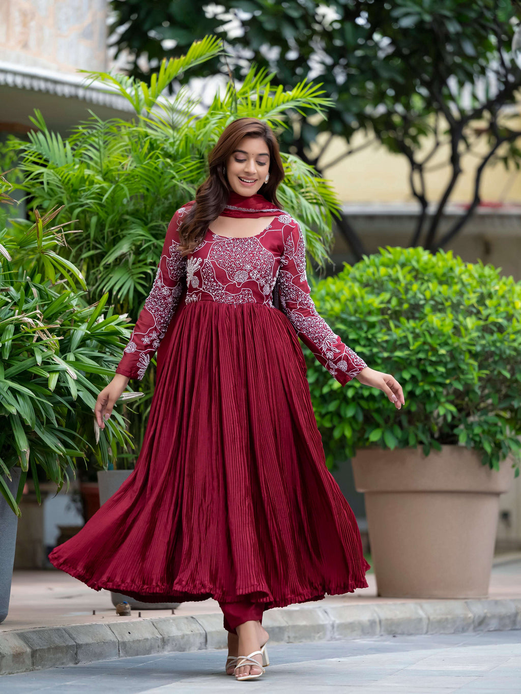 Yash Enterprise Maroon Chinon Silk Party Wear Embroidery Suit Set | Grocsy