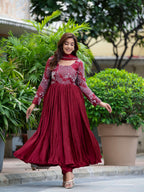 Yash Enterprise Maroon Chinon Silk Party Wear Embroidery Suit Set | Grocsy